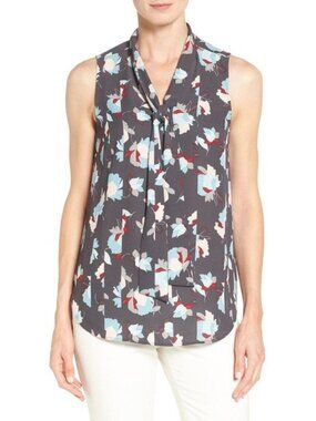 Nordstrom Halogen Gray Print Tie Neck Blouse Top XS